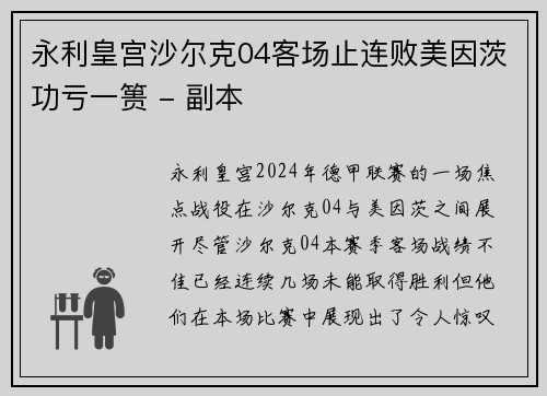 永利皇宫沙尔克04客场止连败美因茨功亏一篑 - 副本