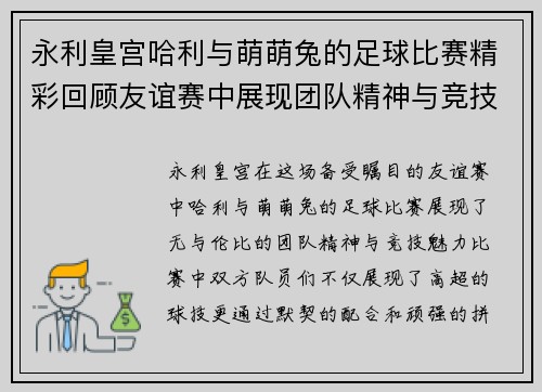 永利皇宫哈利与萌萌兔的足球比赛精彩回顾友谊赛中展现团队精神与竞技魅力