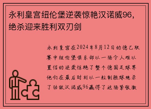 永利皇宫纽伦堡逆袭惊艳汉诺威96，绝杀迎来胜利双刃剑