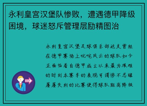 永利皇宫汉堡队惨败，遭遇德甲降级困境，球迷怒斥管理层励精图治